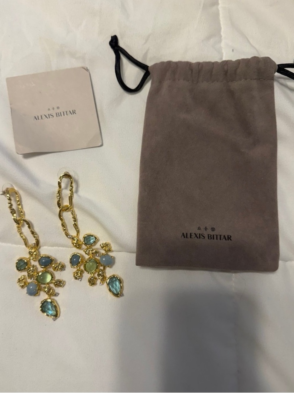 Alexis Bittar Gold Drop Earrings with Blue and Green Stones